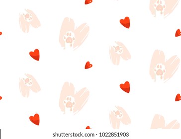 Hand drawn vector abstract modern cartoon Happy Valentines day concept illustrations card with cute cats paws and many red hearts isolated on white background.
