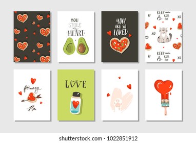 Hand drawn vector abstract modern cartoon Happy Valentines day concept illustrations cards set collectionwith cute cats,pizza,hearts,avocado and handwritten calligraphy isolated on white background.