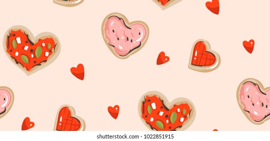 Hand drawn vector abstract modern cartoon Happy Valentines day concept seamless pattern with cute heart shape pizza,cookies and many hearts isolated on pink pastel background.