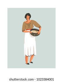 Hand drawn vector abstract modern cartoon cooking time fun illustrations icon with cooking chef woman in white apron preparing cookies isolated on white background.Food cooking concept design.