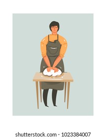 Hand drawn vector abstract modern cartoon cooking time fun illustrations icon with table and preparing dough man in apron isolated on white background.Food cooking concept illustrations design.