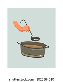 Hand drawn vector abstract modern cartoon cooking time fun illustrations icon with big pan with cream soup and woman hands holding scoop isolated on white background.Food cooking concept design.