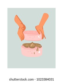 Hand drawn vector abstract modern cartoon cooking time fun illustrations icon with strawberry biscuit cake and woman hands isolated on white background.Food cooking illustration concept design.