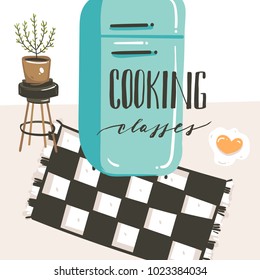 Hand drawn vector abstract modern cartoon cooking class kitchen interior illustrations poster with retro vintage refrigerator and handwritten calligraphy Cooking classes isolated on white background.