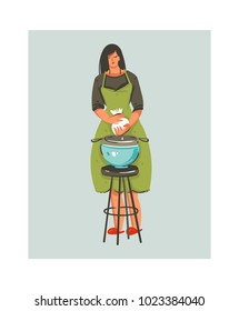 Hand drawn vector abstract modern cartoon cooking time illustrations icon with cooking chef woman in green apron preparing food isolated on white background.Food cooking illustrations concept design.