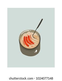 Hand drawn vector abstract modern cartoon cooking time fun illustrations icon with big pan with spaghetti pasta isolated on white background.Food cooking illustrations concept design.