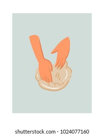 Hand drawn vector abstract modern cartoon cooking time fun illustrations icon with kneading dough woman hands isolated on white background.Food cooking illustrations concept design.
