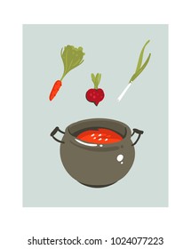 Hand drawn vector abstract modern cartoon cooking time fun illustrations icon with big pan with tomato vegan soup isolated on white background.Food cooking illustrations concept design.