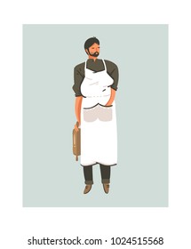 Hand drawn vector abstract modern cartoon cooking time fun illustrations icon preparing dough man in apron isolated on white background.Food cooking concept illustrations design.