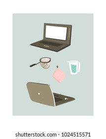 Hand drawn vector abstract modern cartoon cooking time fun illustrations icons with laptops and kitchen equipments isolated on white background.Food blog illustrations concept design.