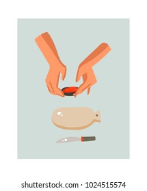 Hand drawn vector abstract modern cartoon cooking time fun illustrations icon with preparing food people hands isolated on white background.Food cooking illustrations concept design.