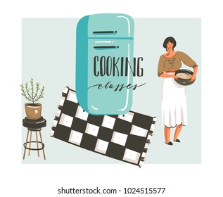 Hand drawn vector abstract modern cartoon cooking class illustrations poster with retro vintage woman chef,refrigerator and handwritten calligraphy Cooking classes isolated on white background.