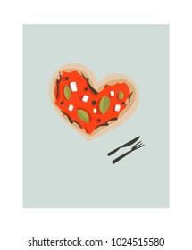 Hand drawn vector abstract modern cartoon cooking time fun illustrations icon with heart shape big pizza isolated on white background.Food cooking illustrations concept design.