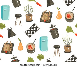 Hand drawn vector abstract modern cartoon cooking time fun illustrations icons seamless pattern with cooking equipment,,food and kitchen utensils isolated on white background.
