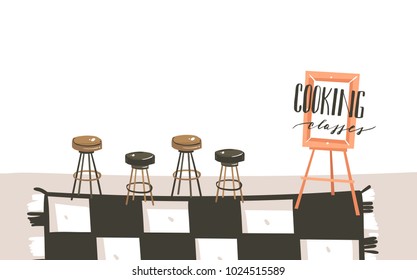 Hand drawn vector abstract modern cartoon cooking class kitchen interior illustrations poster with copy space and handwritten calligraphy Cooking classes isolated on white background.