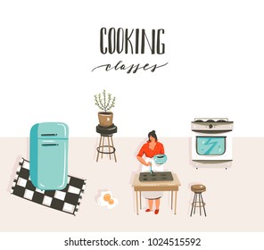 Hand drawn vector abstract modern cartoon cooking class illustrations poster with retro vintage woman chef,refrigerator and handwritten calligraphy Cooking classes isolated on white background.