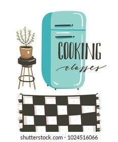 Hand drawn vector abstract modern cartoon cooking class kitchen interior illustrations poster with retro vintage refrigerator and handwritten calligraphy Cooking classes isolated on white background.
