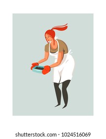 Hand drawn vector abstract modern cartoon cooking time illustrations icon with cooking chef woman in white apron preparing food isolated on white background.Food cooking illustrations concept design.