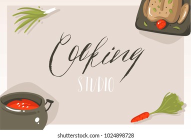 Hand drawn vector abstract modern cartoon cooking class concept illustrations poster card with food,vegetables and handwritten calligraphy Cooking studio isolated on grey background.