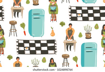 Hand drawn vector abstract modern cartoon cooking time fun illustrations icons seamless pattern with cooking equipment,people,food and kitchen interior isolated on white background.