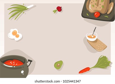 Hand drawn vector abstract modern cartoon cooking class concept illustrations poster card with copyspace and place for your text isolated on grey background.