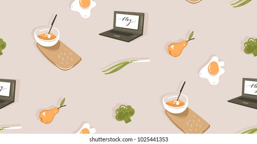 Hand drawn vector abstract modern cartoon cooking time fun illustrations icons seamless pattern with vegetables,food and kitchen utensils isolated on grey background.