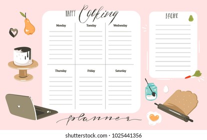 Hand Drawn Vector Abstract Modern Cartoon Cooking Studio Class Illustrations Weekly Cooking Planner And Recipe Card Templete With Handwritten Calligraphy Quotes Isolated On White Background.