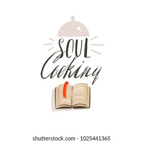 Hand drawn vector abstract modern cartoon cooking time fun illustrations icons lettering logo design with cooking equipment,cook book and Soul cooking calligraphy isolated on white background.