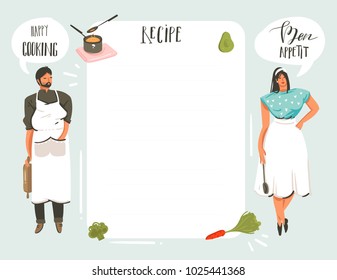 Hand drawn vector abstract modern cartoon cooking studio illustrations recipe card templete with people,food,vegetables and handwritten calligraphy isolated on white background.