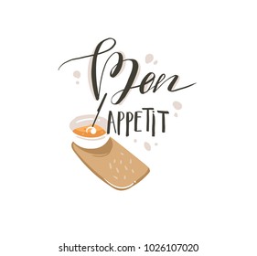Hand drawn vector abstract modern cartoon cooking concept illustrations poster card with cream soup plate and handwritten calligraphy Bon appetit isolated on white background.