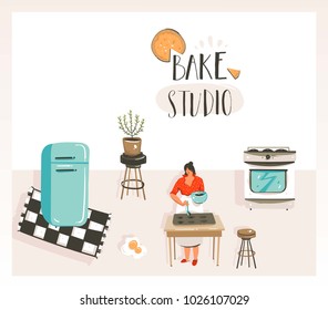Hand drawn vector abstract modern cartoon cooking class illustrations poster with retro vintage woman chef,refrigerator and Bake studio handwritten modern calligraphy isolated on white background.