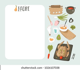 Hand Drawn Vector Abstract Modern Cartoon Cooking Studio Illustrations Recipe Card Planner Templete With Food Icons,vegetables And Handwritten Calligraphy Isolated On White Background.
