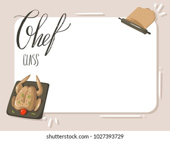 Hand drawn vector abstract modern cartoon cooking studio illustrations copy space card templete with modern handwritten calligraphy text Chef class isolated on white background.