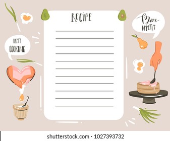 Hand drawn vector abstract modern cartoon cooking studio illustrations recipe card planner templete with woman hands,food,vegetables and handwritten calligraphy isolated on white background.