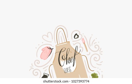 Hand drawn vector abstract modern cartoon cooking class illustrations poster with cooking apron,utensils and Chef class handwritten modern calligraphy isolated on white background.