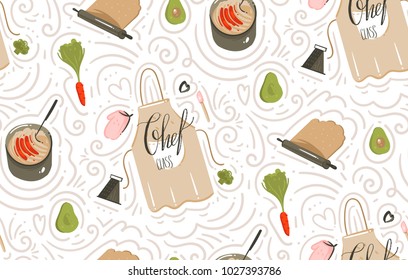 Hand drawn vector abstract modern cartoon cooking time fun illustrations icons seamless pattern with vegetables,apron,food,kitchen utensils and modern calligraphy isolated on white background.