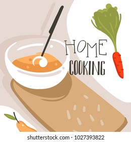 Hand drawn vector abstract modern cartoon cooking class illustrations poster with preparing food scene,cream soup plate and modern handwritten calligraphy Home Cooking isolated on white background.