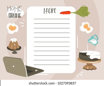 Hand drawn vector abstract modern cartoon cooking studio class illustrations recipe cooking card templete with handwritten calligraphy quotes isolated on white background.