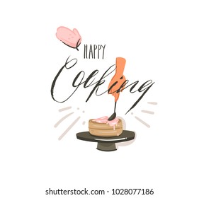 Hand drawn vector abstract modern cartoon cooking time fun illustrations sign design with woman hands making a cake and modern handwritten calligraphy Happy Cooking isolated on white background.