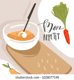 Hand drawn vector abstract modern cartoon cooking class illustrations poster with preparing food scene,cream soup plate and modern handwritten calligraphy Bon appetit isolated on white background.