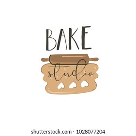 Hand drawn vector abstract modern cartoon cooking time fun illustrations sign lettering logo design with rolled up cookies dough and Bake studio handwritten calligraphy isolated on white background.
