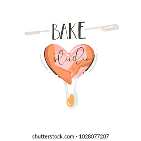 Hand drawn vector abstract modern cartoon cooking time fun illustrations sign lettering logo design with hands making a cake and Bake studio handwritten calligraphy isolated on white background.