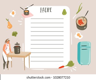 Hand drawn vector abstract modern cartoon cooking studio illustrations recipe card planner templete with woman,food,vegetables and handwritten calligraphy isolated on white background.