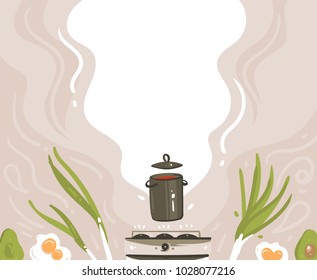 Hand drawn vector abstract modern cartoon cooking class illustrations posteror menu background with preparing food scene,soup pan,vegetables and place for your text isolated on white background.