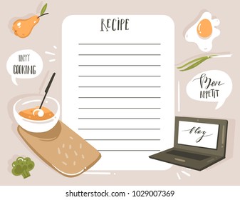 Hand Drawn Vector Abstract Modern Cartoon Cooking Studio Illustrations Recipe Card Planner Templete With Food,food Blog,vegetables And Handwritten Calligraphy Isolated On White Background.