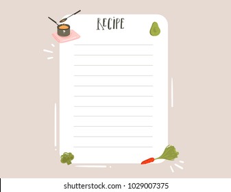 Hand Drawn Vector Abstract Modern Cartoon Cooking Studio Illustrations Recipe Card Templete With Handwritten Calligraphy Isolated On White Background.