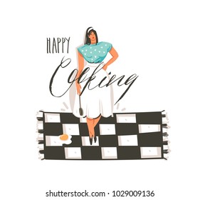 Hand drawn vector abstract modern cartoon cooking time fun illustrations icon with cooking chef woman in white apron holds spoon and handwritten calligraphy Happy Cooking isolated on white background.