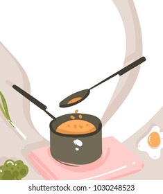 Hand drawn vector abstract modern cartoon cooking class illustrations poster with preparing food scene,saucepan,spoon and copy space for your text isolated on white background.