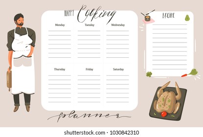 Hand drawn vector abstract modern cartoon cooking studio class illustrations weekly cooking planner and recipe card templete with handwritten calligraphy quotes isolated on white background.