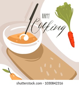 Hand drawn vector abstract modern cartoon cooking class illustrations poster with preparing food scene,cream soup plate and modern handwritten calligraphy Happy cooking isolated on white background.